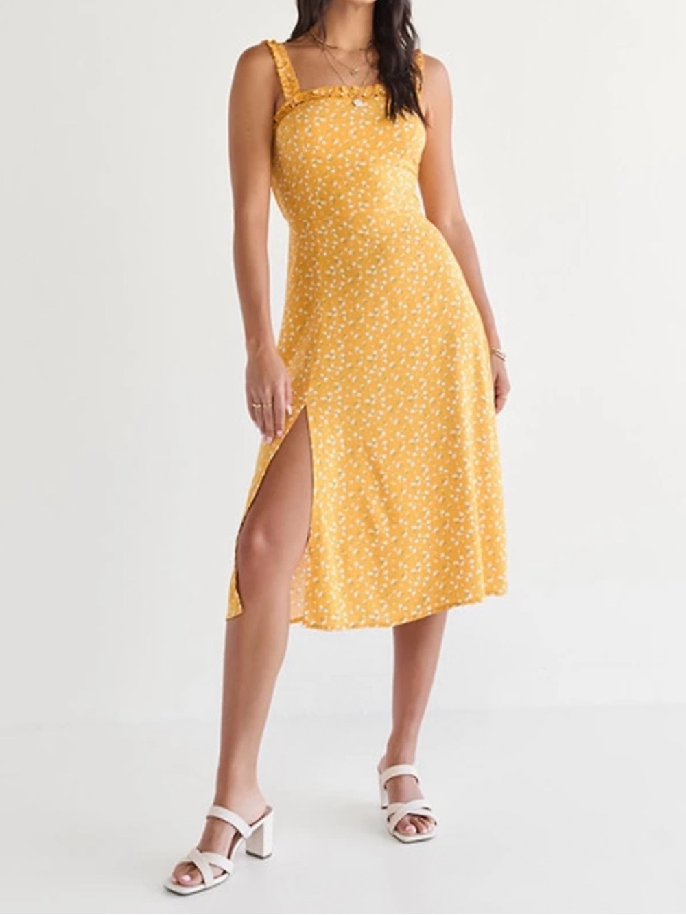 Francesca's Megan Ruffle Strap & Neckline Floral Midi Dress